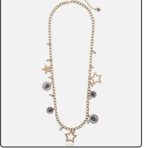 Betsey Johnson Long Charm Necklace Stargazer Coin Charms and skull heads.